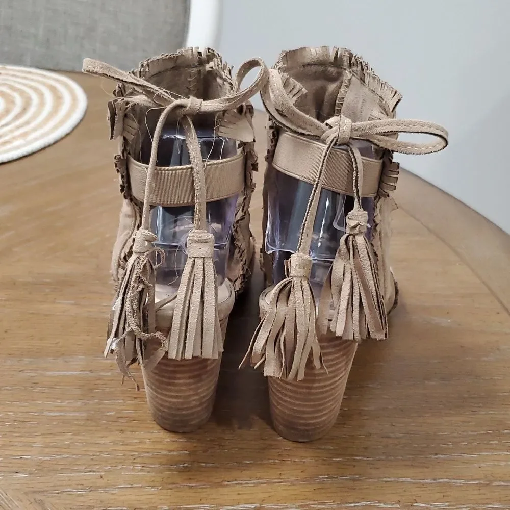 G.C. Boho Polka Open Toe, Fringe Laced Chunky Heel, Size 10